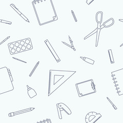 Stationery - Vector background (seamless pattern) of pencil, pen, ruler, scissors, eraser, marker, paintbrush, glue for graphic design