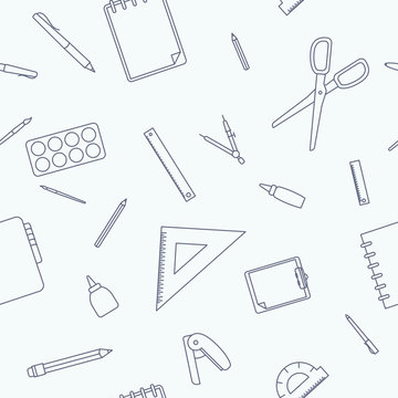 Stationery - Vector background (seamless pattern) of pencil, pen, ruler, scissors, eraser, marker, paintbrush, glue for graphic design