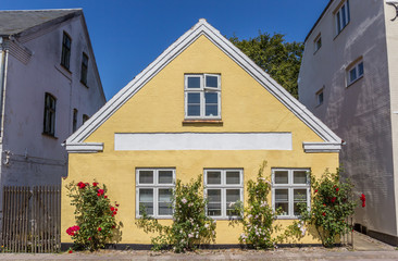 Fototapeta na wymiar Old yellow house with flowers in Ribe, Denmark