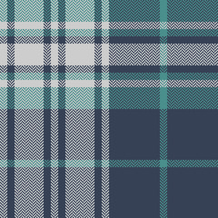 Tartan plaid pattern background. Seamless herringbone check plaid graphic in blue, teal green, and grey for scarf, flannel shirt, blanket, throw, or other modern autumn and winter fabric design.