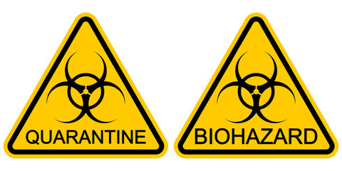 Obraz premium Yellow triangular sign warning quarantine SARS COVID 19 coronavirus, vector danger biohazard pneumonia protection symbol