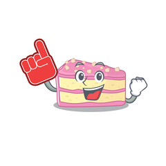A picture of strawberry slice cake mascot cartoon design holding a Foam finger
