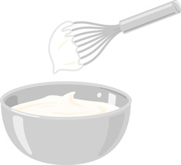 ボウルに入った生クリームと泡立て器