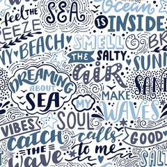 Vector seamless pattern with Sea handwritten letterings and symbols. Hand drawn background