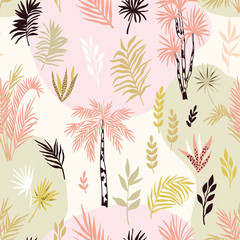 Materiał do szycia Tropical seamless pattern with exotic palms and leaves. Vector forest landscape