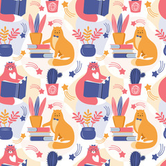 Seamless pattern smart cat reading a book. Modern abstract background pink and orange cat with books, house plants and shooting stars. Funny pet. Hand drawn Scandinavian Wallpaper. Childish design.