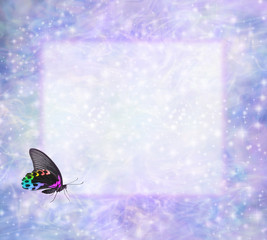 Rainbow Butterfly Frame for your Spiritual Messages - a butterfly with closed wings in bottom left corner with a lilac sparkling background and a paler white transparent central square space  for copy