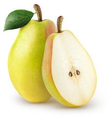 Isolated pears. Whole and a half of yellow pear fruit with leaf isolated on white background with clipping path
