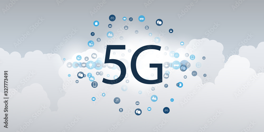 Poster 5g network label with ring of icons representing various kind of devices and services - high speed, 