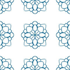 Blue mandala seamless pattern design. Doodle flower illustration.