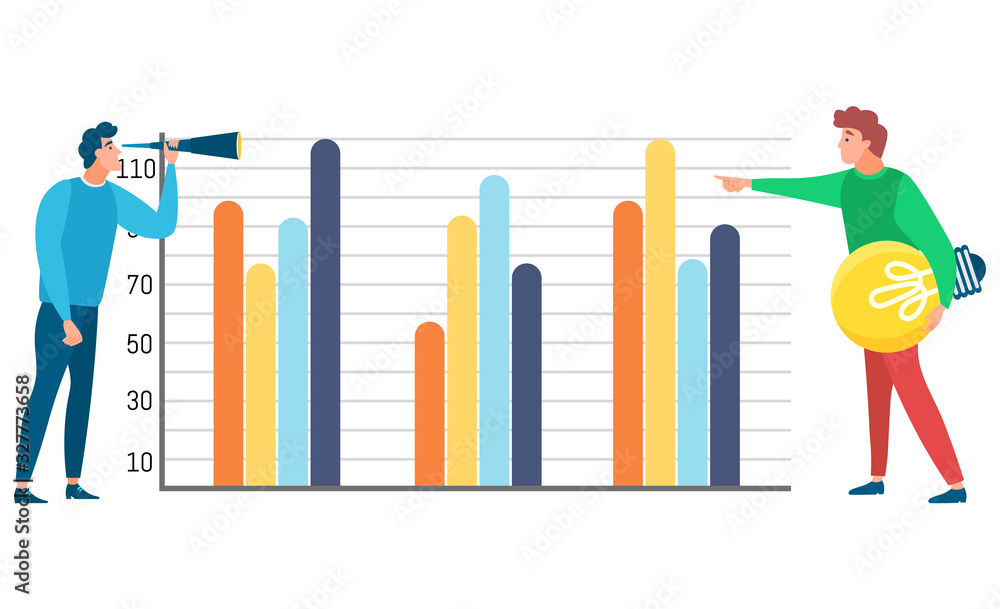 Aufkleber people working on project results analysis vector, man with lightbulb. business stats and planning, 