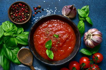 Homemade tomato sauce. Top view with copy space.
