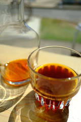 Stylish served specialty alternative black coffee. Filter pour-over coffee served in crystal glass and decanter. Aesthetics coffee