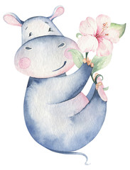 Fototapeta premium Hand drawn cute isolated tropical summer watercolor hippo animals. hippopotamus baby and mother cartoon animal illustrations, jungle tree, brazil trendy design. Aloha collection.