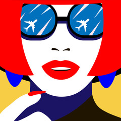 Young woman model in profile in pop art style. Sexy girl in glasses with reflection of the plane