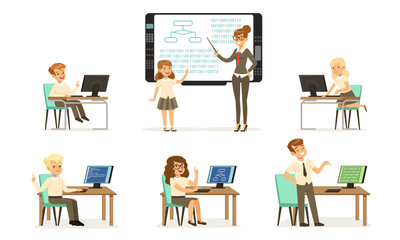 School Children at Informatics or Programming Lesson Collection, Students Working on Computers, Female Teacher Standing Beside Chalkboard and Explaining Lesson Vector Illustration