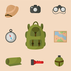 Collection of equipment for safari trip. Tourist backpack. © Milya Shaykh