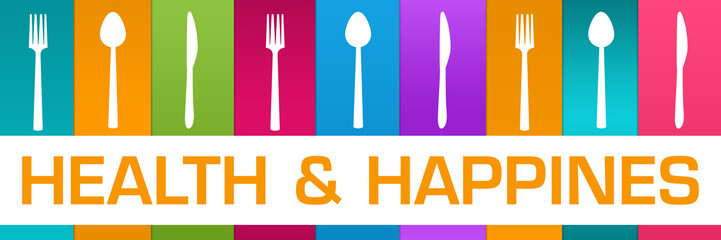 Health And Happiness Colorful Boxes Spoon Fork Knife Horizontal Text 