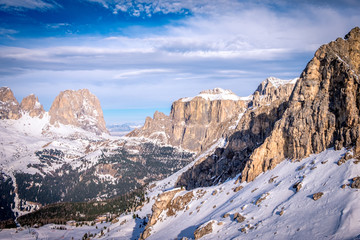 View of Dolomites Mountains in Italy. Ski area Belvedere. Canazei, Italy