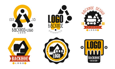 Backhoe Logo Design Collection, Excavator Construction Equipment Retro Badges Vector Illustration on White Background