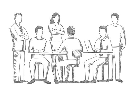 Business team. Office people sketch. Company group. Brainstorm. Process of working at the table. Hatched drawing picture. Gray pencil. Hand drawn vector.