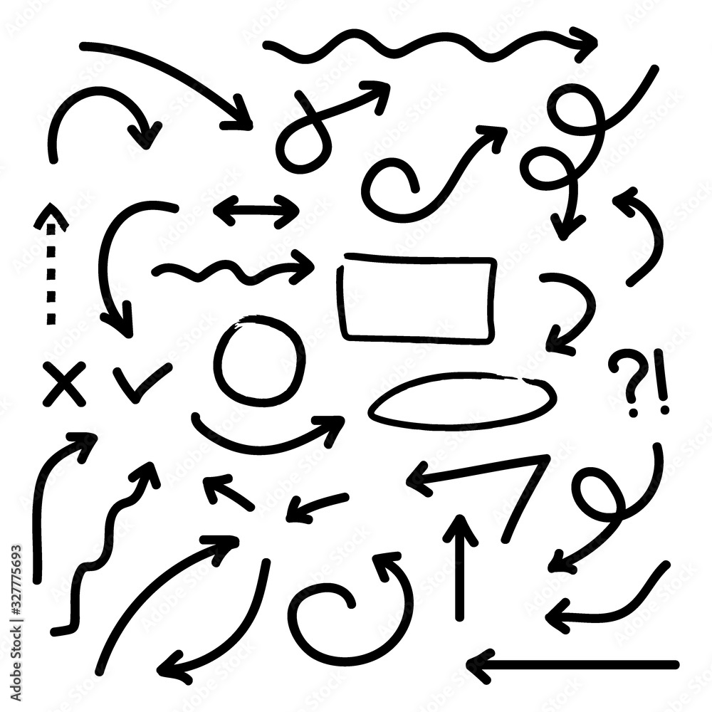 Poster set of vector arrows circles and sketch doodle design. curved pointers collection eps 10