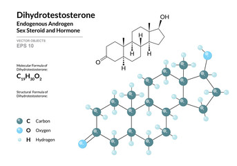 Hormone Dihydrotestosterone. Structural Chemical Formula and Molecule 3d Model. Atoms with Color Coding. Vector Illustration