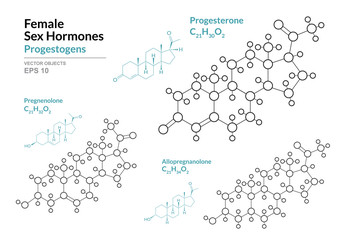 Progesterone, Pregnenolone, Allopregnanolone. Female Sex Hormones. Structural Chemical Formula and Molecule Model. Line Design. Vector Illustration - obrazy, fototapety, plakaty