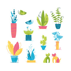 Colorful vector icons' set of indoor plants, cactuses and creative floral design elements.
