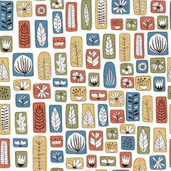 Vector seamless pattern in Scandinavian style with flowers and leaves on white background.