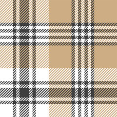 Plaid pattern background. Seamless striped check plaid graphic in dark grey, beige, and white for flannel shirt, blanket, throw, upholstery, duvet cover, or other modern textile design.