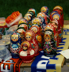 ST.PETERSBURG, RUSSIA - SEPTEMBER 15: a collection of matryoshkas at a tourist gift shop on September 15, 2012 in St. Petersburg. Matryoshkas are the most popular souvenirs from Russia
