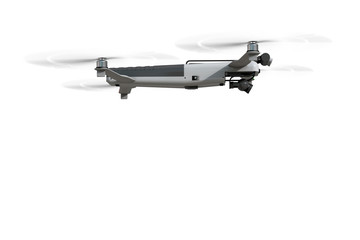 Flying electric drone. Side view. Isolated on white. Photorealistic 3D rendering