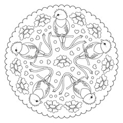 Coloring page mandala with quetzal, flowers, hearts. Vector Illustration.