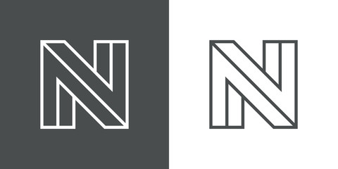 Icono lineal letra inicial N tridimensional en perspectiva imposible en fondo gris y fondo blanco