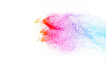 Colorful background of pastel powder explosion.Multi colored dust splash on white background.Painted Holi.