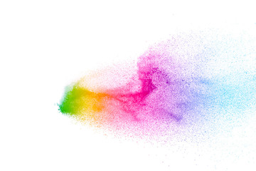 Colorful background of pastel powder explosion.Multi colored dust splash on white background.Painted Holi.