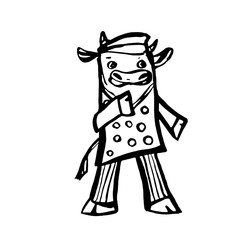 Cute bull in a cap, polka dot shirt and striped pants. Monochrome vector illustration in line art style. Hand drawn. On white background.