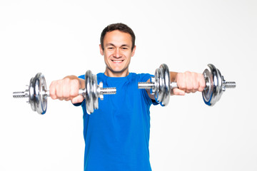 Handsome muscular man uses his dumbbell to exercise flexing bicep muscle isolated on white background