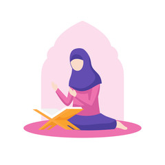 Muslim woman praying to allah during reading al quran vector flat illustration. girl sitting in front holy book of islam with begging hand gesture character design