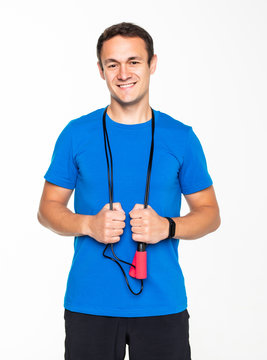 Man Holding A Jump Rope On White Background