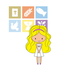 First communion card. Girl with religious icons. Space for text