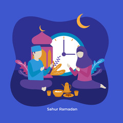 Muslim man and woman praying to Allah together during sahur eat time to prepare full day fasting vector flat illustration. Islam ramadan activity character concept poster background design.