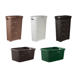 Collage of various plastic baskets for dirty clothes