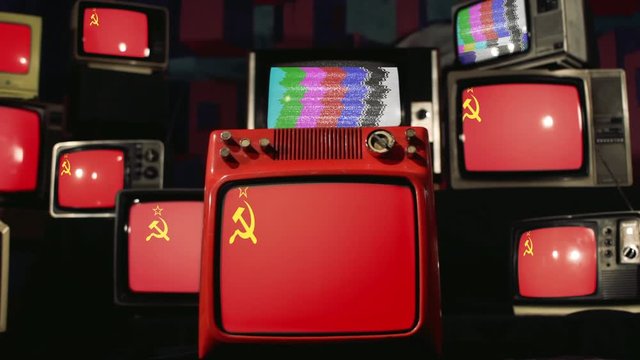 Soviet flags and Retro TVs.