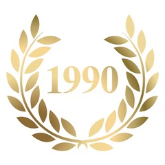 Year 1990 gold laurel wreath vector isolated on a white background 