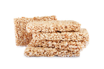Delicious rice crispy treats on white background