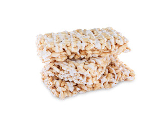 Delicious rice crispy treats on white background