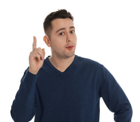 Fototapeta premium Portrait of emotional young man on white background