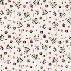 Vector seamless pattern with leaves and flowers on pastel background. Floral illustration for textile, print, wallpapers, wrapping.